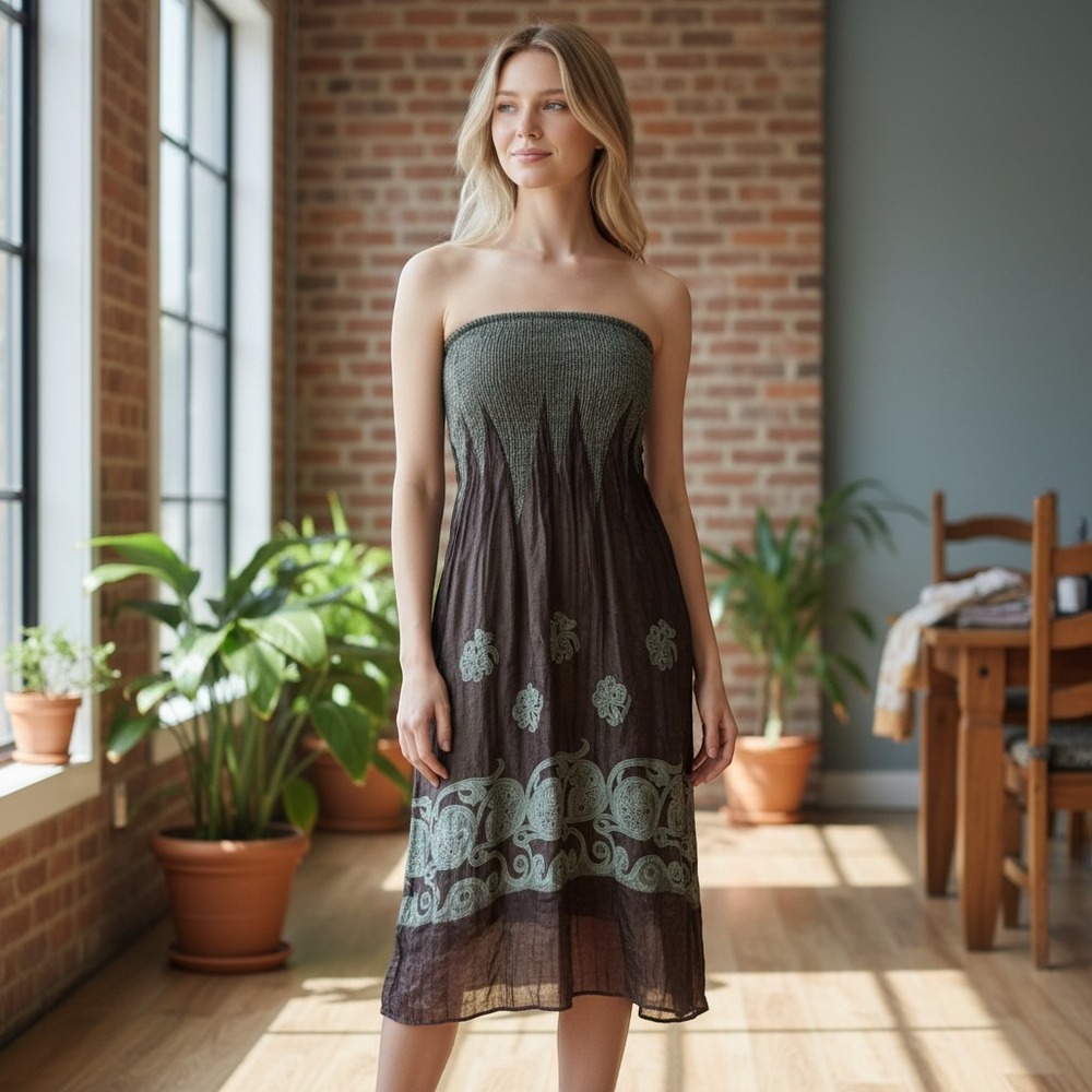 Lapis Dress Womens One Size Strapless Crinkle Embroidered Brown Green Boho Y2K